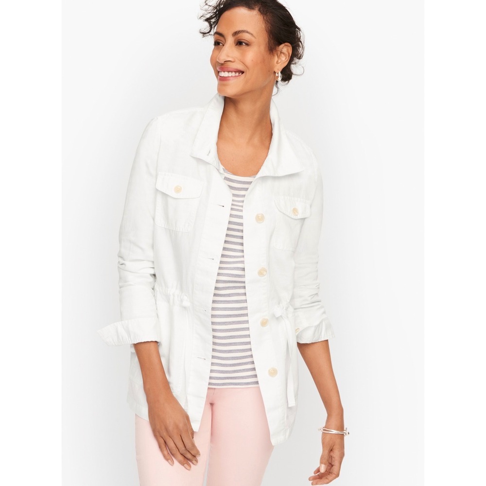 Talbots Classic Field Jacket Linen Blend White Drawstring Waist XL NWT